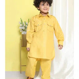 AJ Dezines Full Sleeves Solid Cotton Blend Kurta Pyjama Set - Mustard-picture-34