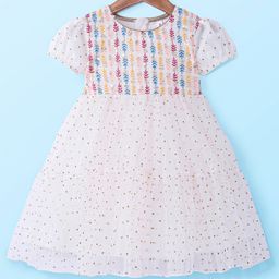 Babyhug Woven Short Sleeves Net Sequin Embroidered Ethnic Dress - White-image-102
