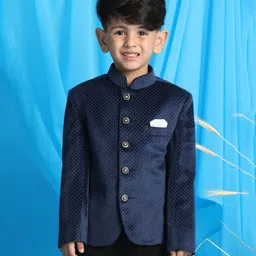 Vastramay Velvet Full Sleeves Polka Dots Printed Jodhpuri Coat - Blue-picture-17