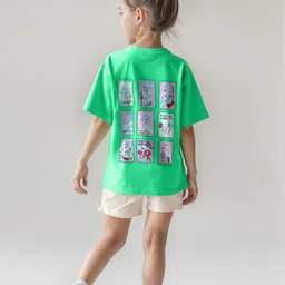 Primo Gino Cotton Knit Half Drop Shoulder Sleeves Oversized T-Shirt with Front & Back Floral Print - Green-picture-17