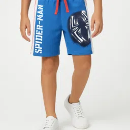 Pine Kids Marvel Terry Knit Cut & Sew Knee Length Shorts With Spider-Man Graphics & Piping Detailing - Blue-image-0