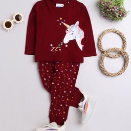 BUMZEE Cotton Knit Full Sleeves Unicorn Printed Night Suit - Maroon-picture-43