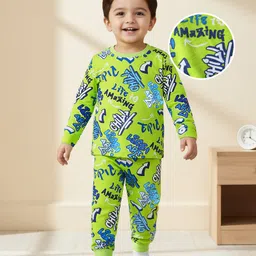 Babyhug Cotton Knit Full Sleeves Co-ords Night Suit with Text Print - Limegreen-picture-14