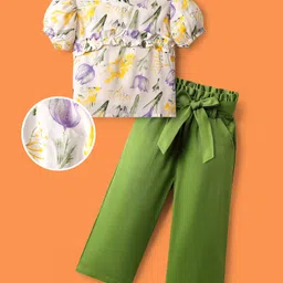 OLLINGTON ST. Rayon Printed Half Sleeves Floral Printed Top & Twill Pants With Belt - Multicolor & Green-picture-11