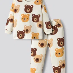 Bonfino 100% Cotton Knit Full Sleeves Co-Ord Night Suit with Teddy Print - White-picture-19