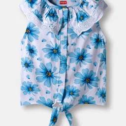 Babyhug 100% Cotton Knit Sleeveless Knotted Top with Floral Print & Frill Detailing - Blue-picture-14