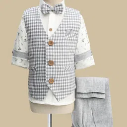 Rikidoos Full Sleeves Checked & Leaves Printed 3 Piece Party Suit With Bow Set - White & Grey-picture-25