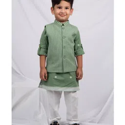 LITTLE COLLARS Cotton Woven Full Sleeves Geometric Printed Kurta Pyjama With Striped Nehru Jacket Set - Green-image-14