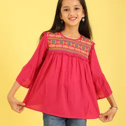 ISHTI Rayon Woven Three Fourth Bell Sleeves Abstract Embroidered Top - Rani Pink-picture-25
