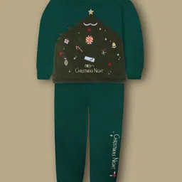 Cherry Crumble By Nitt Hyman Knit Christmas Theme Full Sleeves Christmas Tree Embroidered Winter Night Suit Set - Bottel Green-picture-10