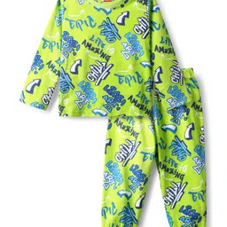 Babyhug Cotton Knit Full Sleeves Co-ords Night Suit with Text Print - Limegreen image 2
