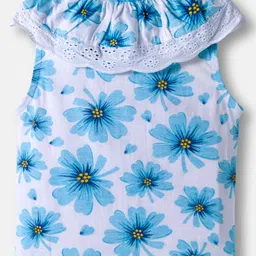 Babyhug 100% Cotton Knit Sleeveless Knotted Top with Floral Print & Frill Detailing - Blue image 2