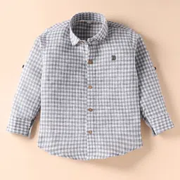 Rikidoos Full Sleeves Checked Shirt Pant With Bow & Suspender Set - White & Grey image 2