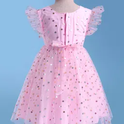 Babyhug Woven Frill Sleeves Mesh Party Party Dress with Foil Print & Bow Applique - Pink image 3