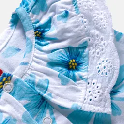 Babyhug 100% Cotton Knit Sleeveless Knotted Top with Floral Print & Frill Detailing - Blue image 4