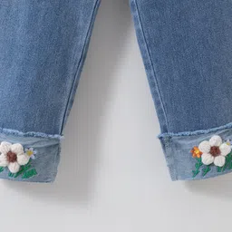 Kookie Kids Regular Fit Full Length Jeans with Floral Applique - Blue image 5