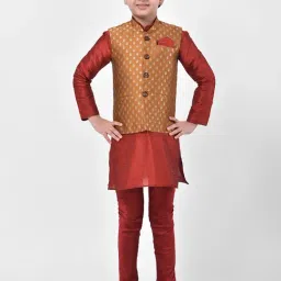 Deyann Kids Brown & Red Self Design Full Sleeves Kurta, Churidar Pants with Nehru Jacket-image-21