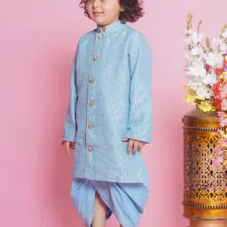 Little Bansi Kids Blue Embroidered Full Sleeves Sherwani with Dhoti image 3