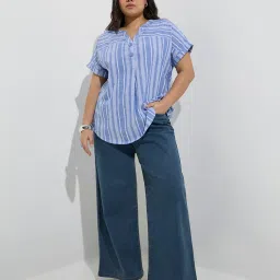 Gia by Westside Blue Stripe Printed Cotton-Blend Blouse image 3