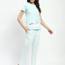 MADAME M Secret Light Blue Cotton Printed T-Shirt With Pyjamas image 3