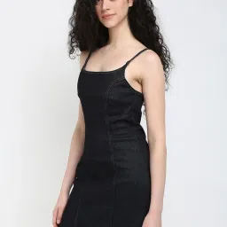 CALVIN KLEIN JEANS Black Cotton Square Neck Denim Dress image 3