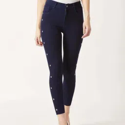 Miss Chase Navy Blue Skinny Fit Mid Rise Cropped Length Eyelet Detailing Denim Stretchable Jeans-picture-28