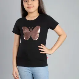 3PIN Girls Black Cotton Printed T-Shirts-image-1