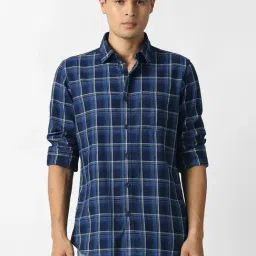 Van Heusen Blue Cotton Slim Fit Checks Shirt image 1