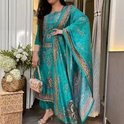 KALINI Ethnic Motifs Printed Round Neck Kurta with Trousers & Dupatta image 4