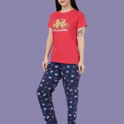Kryptic Navy Blue & Fuchsia Pink Relaxed Fit Printed Night Suit image 3