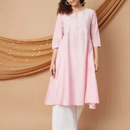 Melange By Lifestyle Pink Cotton Regular Fit Embroidered Kurtas-picture-31