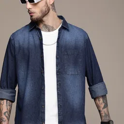 WROGN Slim Fit Pure Cotton Chambray Casual Shirt-image-28