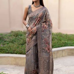 Soch Grey Floral Print Saree With Unstitched Blouse-picture-10