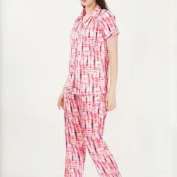 Urban Sundari Pink Satin Casual Fit Printed Pyjama Set image 3