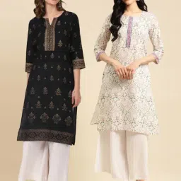 Rangita Black & Off White Floral Print Straight Kurti - Pack of 2-image-45