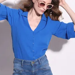 Vero Moda Blue Cotton Relaxed Fit Shirt-image-6