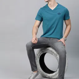 Roadster Men Teal Blue Brand Logo V-Neck Pure Cotton T-shirt image 5