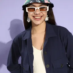 KASSUALLY Women Navy Blue Faux Fur Crop Tailored Jacket-image-40