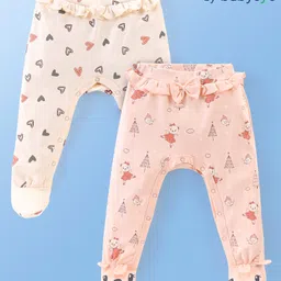 Babyoye Eco-Conscious Cotton Knit Bootie Leggings Pack of 2 Heart & Teddy Print - Peach & Pink-image-33