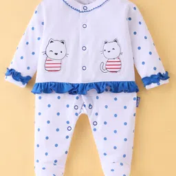 Child World Interlock Knit Full Sleeves Polka Dot Printed Footed Sleep Suit with Kitty  Embroidery & Frill Detailing - Blue & White-picture-15