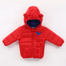 Babyhug Woven Full Sleeves Hooded Puffer Jacket with Dino Applique - Red-picture-22