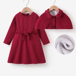 Kookie Kids Full Sleeves Solid Colour Party Dress with CollaredPoncho - Maroon-picture-19