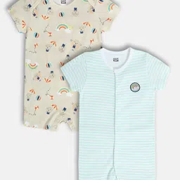 MINI KLUB Cotton Pack Of 2 Half Sleeves Teddy Bear Printed & Striped Rompers -Beige & Blue-picture-22
