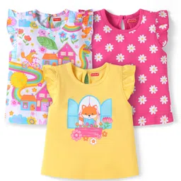 Babyhug Cotton Knit Frill Sleeves T-Shirts with Floral & Animal Print Pack of 3 - White Dark Pink & Yellow-picture-19