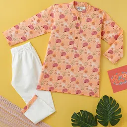 Desi Soota Cotton Woven Full Sleeves Snail Shell Printed Kurta & Coordinating Pyjama Set - Peach-picture-18