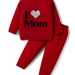 Babyhug Knit Full Sleeves Sweater Set with I love Mom Text Print - Red-picture-21