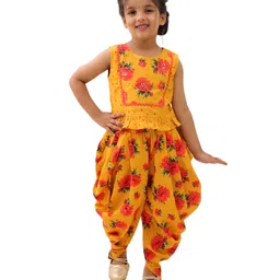 Lil' Drama Cotton Knit Sleeveless Floral Printed Sequins Embellished Top & Dhoti Set - Mustard-picture-30