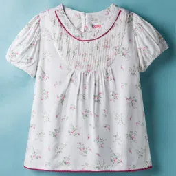 Kookie Kids Cotton Woven Half Sleeves Floral Printed Top With Front Neck Pleates & Lace Detailing - White-image-56