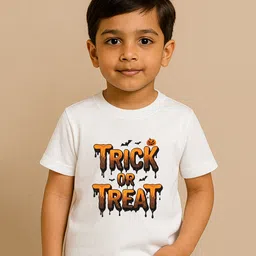 BLUSHES 100% Cotton Knit Halloween Theme Half Sleeves Trick Or Treat Text Printed Tee - White-picture-13