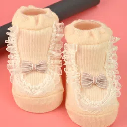 Yellow Bee Cotton Knit Bow Applique & Lace Detailed Socks - Pink-image-0